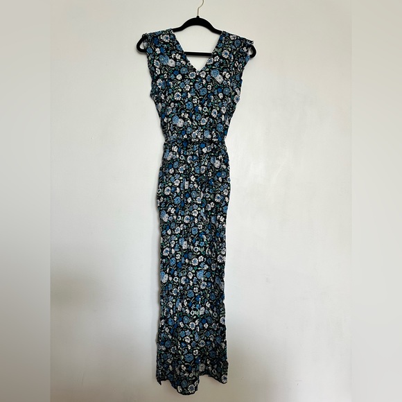 LOFT Blue Black Floral Flowers Print Wide Leg Sleeveless Jumpsuit Pockets - Picture 4 of 6